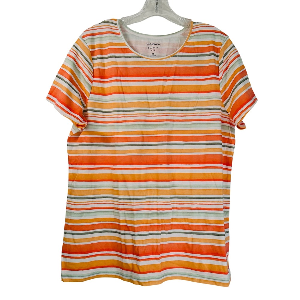 Croft & Barrow Classic Tee Womens XL Orange Green Striped 100% Cotton Crewneck